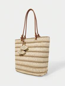 SHECARRY Women's Fashion Beige Striped Straw Tote Bag, Contrasting Color Splicing Large Capacity Shoulder Bag, Suitable For Summer Vacation, Travel, Beach, Seaside, Bohemian - Beige/Khaki - View 2