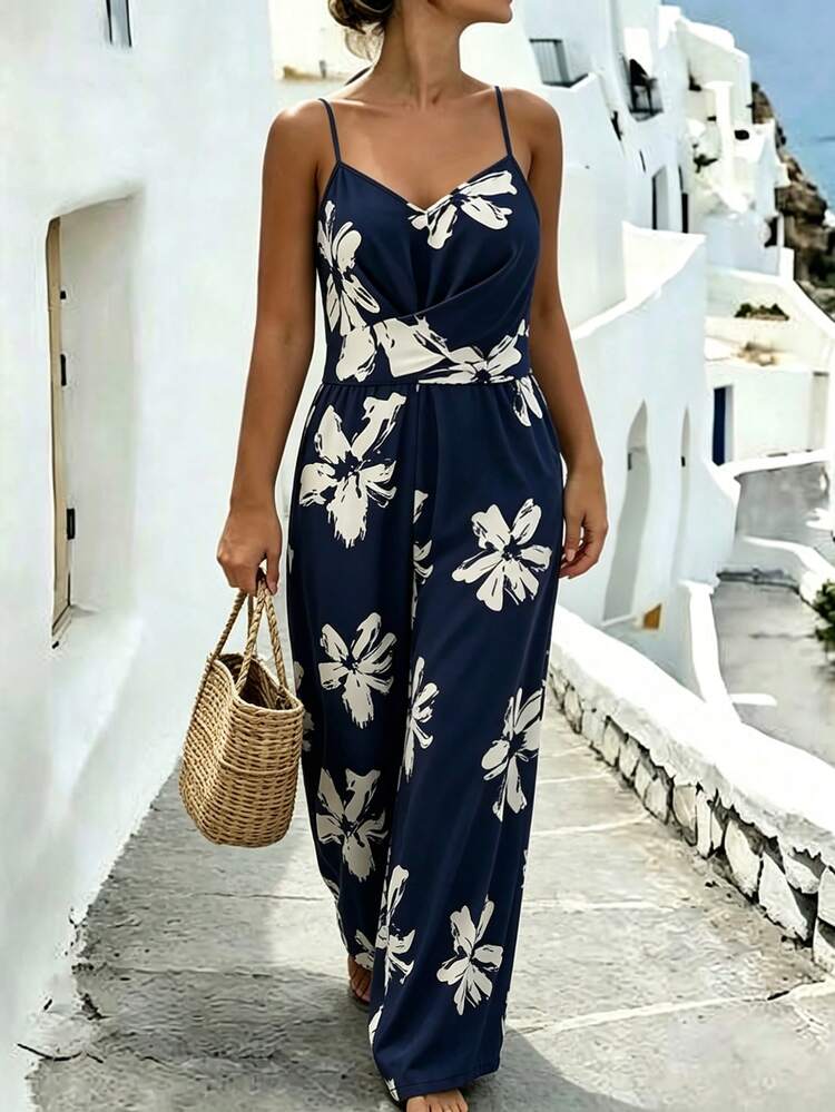 Elenzga Plus Size Women Sleeveless Tie Waist Straight Leg Jumpsuit - Navy Blue - View 7