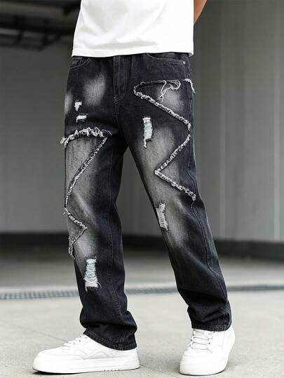 Manfinity EMRG Men's Casual Versatile Daily Wear Denim Jeans With Patchwork, Frayed Hem And Distressed Design