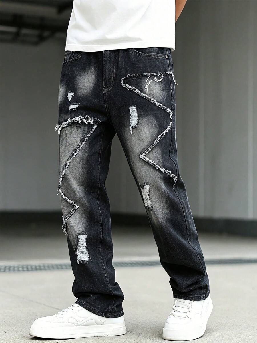Manfinity EMRG Men's Casual Versatile Daily Wear Denim Jeans With Patchwork, Frayed Hem And Distressed Design - Black - View 1