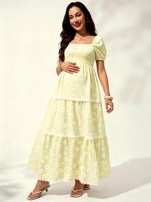 SHEIN Elegant Plaid Print Square Neck Casual Short Sleeve Maternity Dress Sage Green Summer - Yellow - View 7