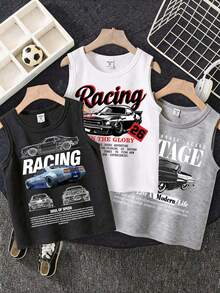 RANDOM 6 PCS SEND 3 PCS Young Boy Casual Multi-Piece Tank Top Set, Suitable For Summer, Classic Cool Racing Culture Graphic Print, Vintage Racing Pattern Print Tank Top Blind Box - Multicolor - View 2