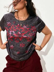 Nubod Plus Size Summer Casual Floral Print Top - Black - View 7