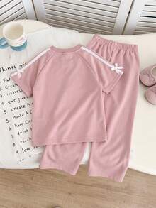 SHEIN Genkimix Kids 2pcs Young Girl Bow Ribbon Decor Casual Fashion Short Sleeve T-Shirt + Bow Ribbon Decor Casual Fashion Straight Leg Pants - Pink - View 9