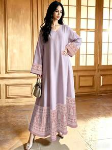SHEIN Najma 花卉几何对称印花浅紫色连衣裙，女士时尚V领长袖连衣裙，优雅阿拉伯风格服装，春夏长款连衣裙 - 彩色 - 查看 4