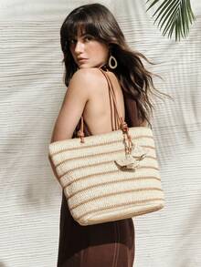 SHECARRY Women's Fashion Beige Striped Straw Tote Bag, Contrasting Color Splicing Large Capacity Shoulder Bag, Suitable For Summer Vacation, Travel, Beach, Seaside, Bohemian - Beige/Khaki - View 6