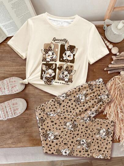 SHEIN Young Girls 2026 New Style Kawaii Khaki Cute Cartoon Rabbit Stitch Heart Pattern, Ballet Style, Young Girls Casual Slim Fit Round Neck Short Sleeve Pants Pajamas Suitable For Summer, Sweet Girl, Cute, Cozy Styles, Vacay Vibes, Easy Comfort, Y2K, Young Girl Clothes, Girls Outfit Sets, Kids Clothes Girls Khaki & Mallard Brown, Cute Vintage Leopard Bow Cartoon Rabbit, Cute Rabbit & Leopard Bow Graphic