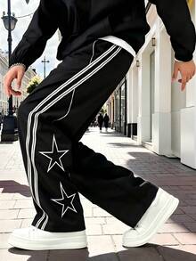 Manfinity Hypemode Men's Casual Versatile Daily Travel Long Pants With Pocket, Star Print And Color Block Design - Black - View 5