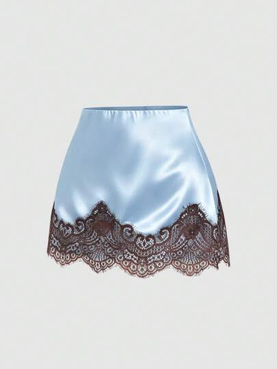 Sweetra Spring/Summer Fashion New Elegant Commute Contrast Lace Trim A-Line Romantic Girly Daily Streetwear Women's Blue Short Skirt