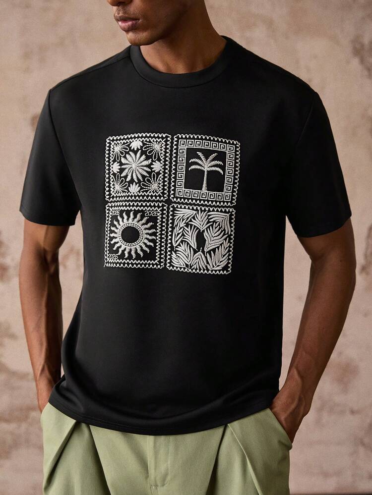 HIMLAND 男士夏季休閒刺繡短袖T恤 - 黑與白 - 查看 2