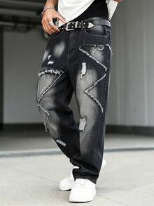 Manfinity EMRG Men's Casual Versatile Daily Wear Denim Jeans With Patchwork, Frayed Hem And Distressed Design - Black - View 4