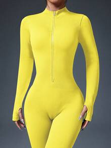SHEIN With My Calm Ribbed Zipper Long Sleeve Sports Jumpsuit - Yellow - View 3