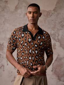 AKNOTIC Men's Leopard Print Short Sleeve Knit Top - Coffee Brown - View 6