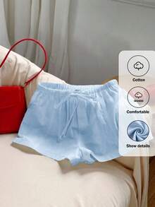 Comfortcana Plus Size Casual Loose Light Blue Drawstring Shorts, Spring/Summer Comfortable Cotton Drawstring Shorts - Baby Blue - View 2