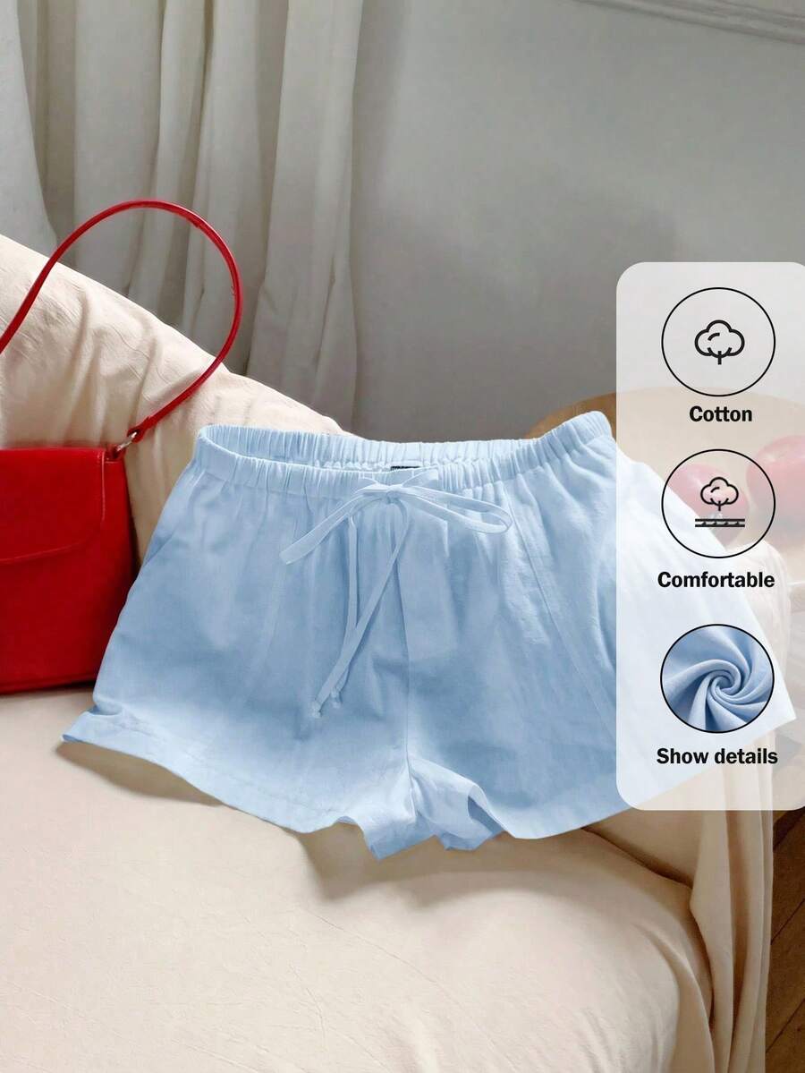 Comfortcana Plus Size Casual Loose Light Blue Drawstring Shorts, Spring/Summer Comfortable Cotton Drawstring Shorts