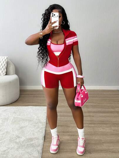 SHEIN Core Rhythm Women's Colorblock Striped Short Sleeve Top & Camisole Shorts Sports Set