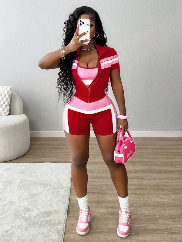 SHEIN Core Rhythm Women's Colorblock Striped Short Sleeve Top & Camisole Shorts Sports Set