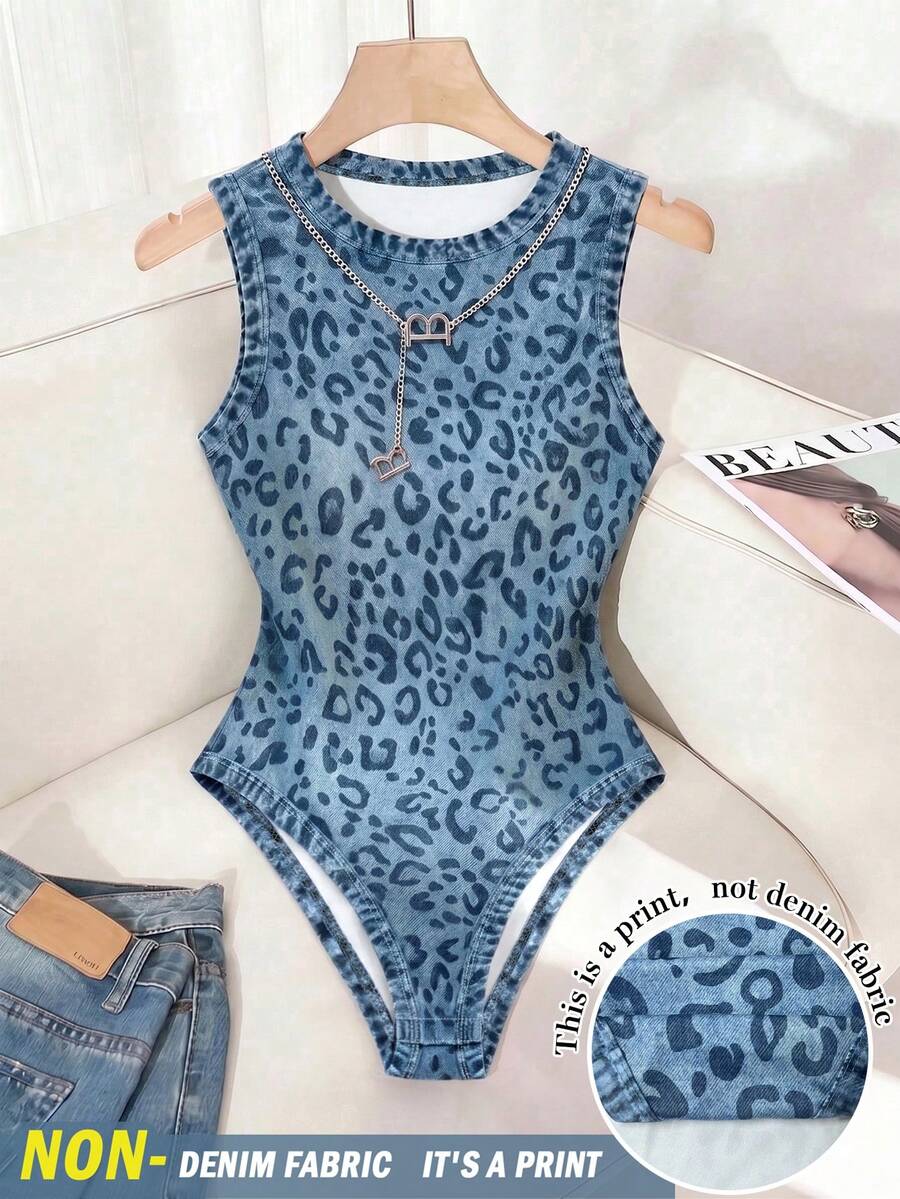 SHEIN LUNE 女款春夏新款藍色豹紋連身衣，圓領無袖修身連身衣，可作為外穿或內搭，美式復古風，街頭休閒，修身版型，適合日常、度假、派對、音樂節、街頭等多種場合