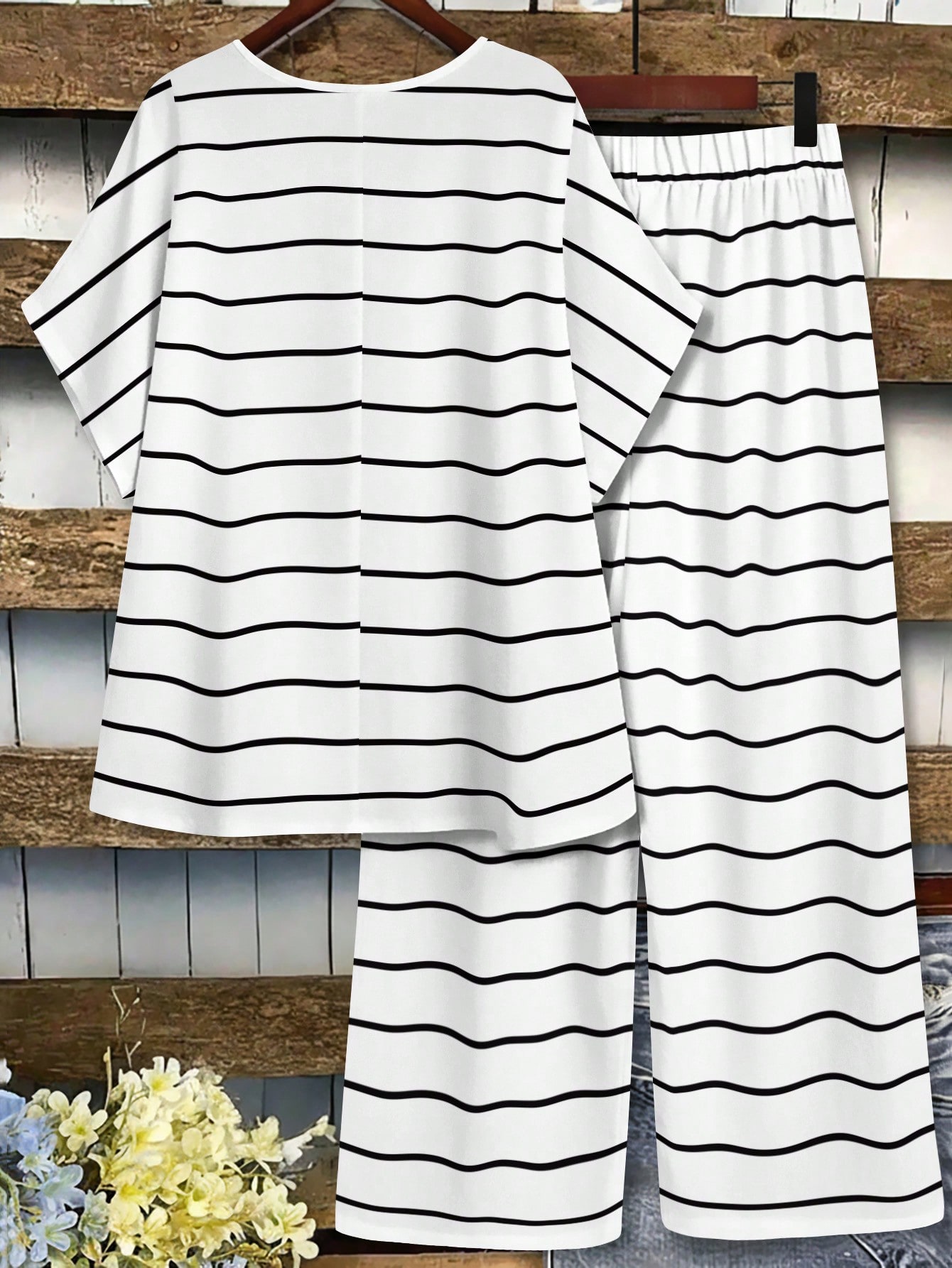 EMERY ROSE Plus Size Casual Black & White Striped Round Neck Short Sleeve Top & Long Pants 2-Piece Set, Comfortable For Summer Daily Wear — photo 6