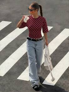 Muchica 休閒簡約波爾卡圓點印花酒紅色女款T恤，適合夏季 - 彩色 - 查看 7