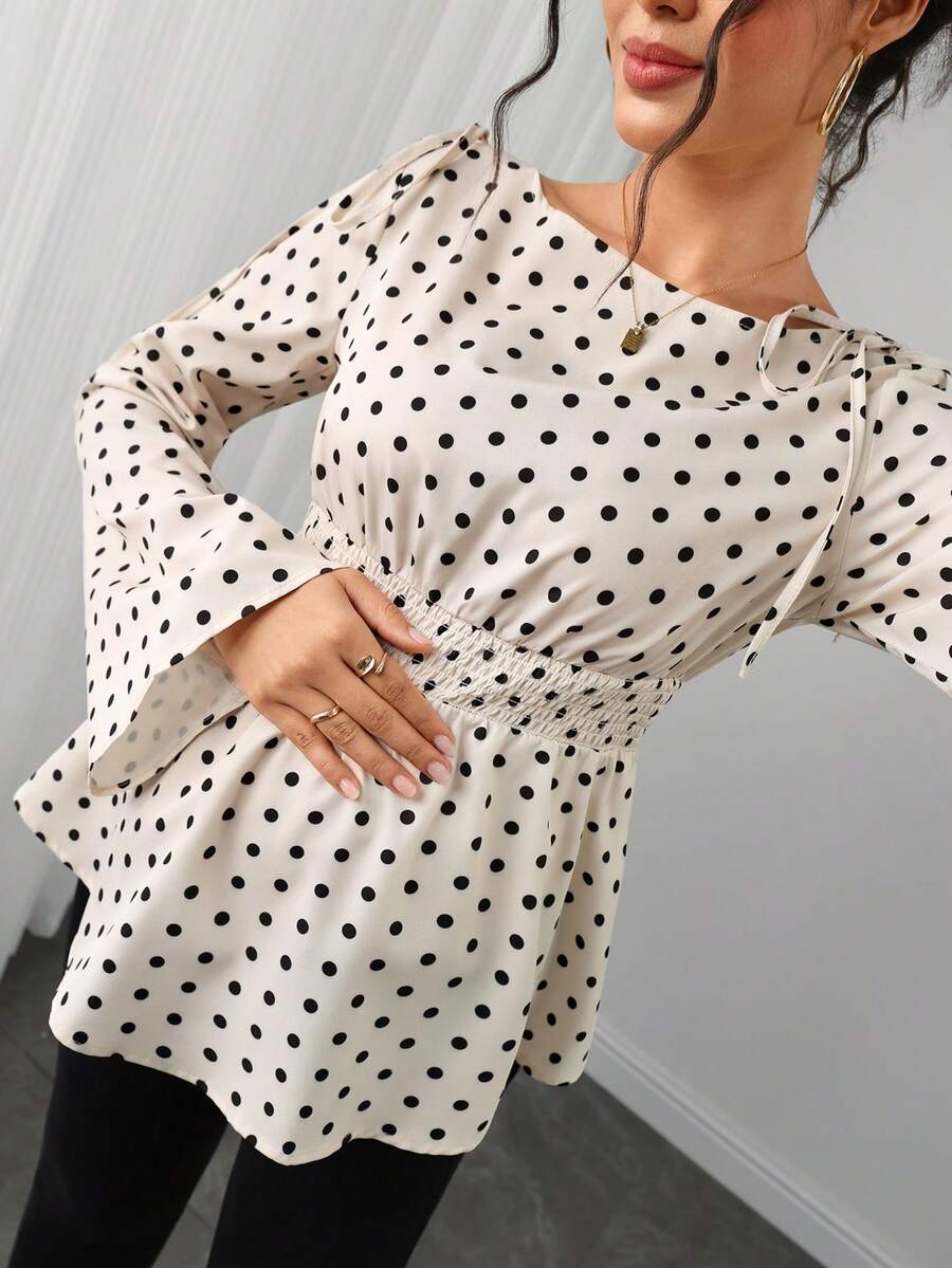 Momance Maternity Polka Dot Top, Shirred Waist, Long Sleeve , Fashionable Versatile Pregnancy, French Retro, Sweet & Spicy Style, Spring/Autumn - Multicolor - View 1