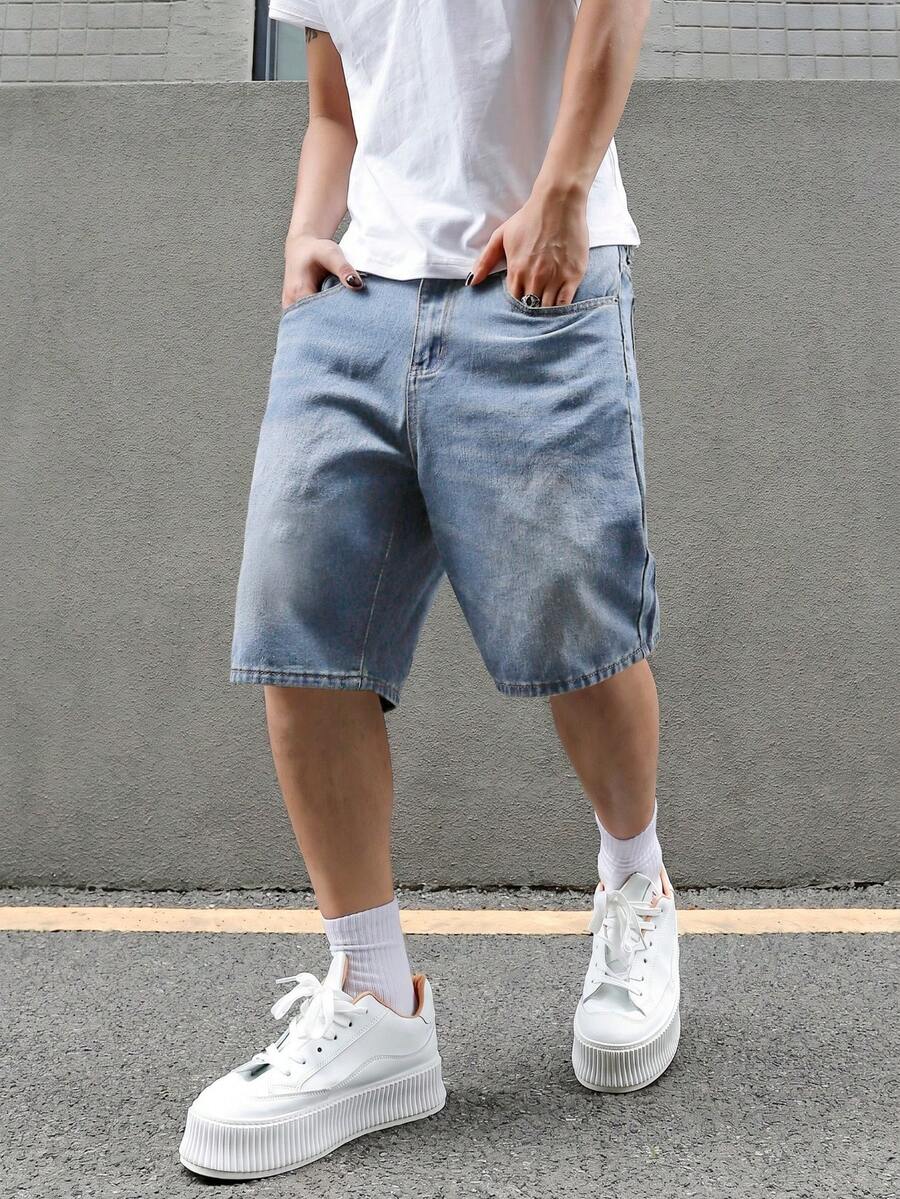 Manfinity EMRG 男士宽松休闲牛仔百慕大短裤,带口袋,夏季牛仔短裤 - 淺色水洗藍 - 查看 1