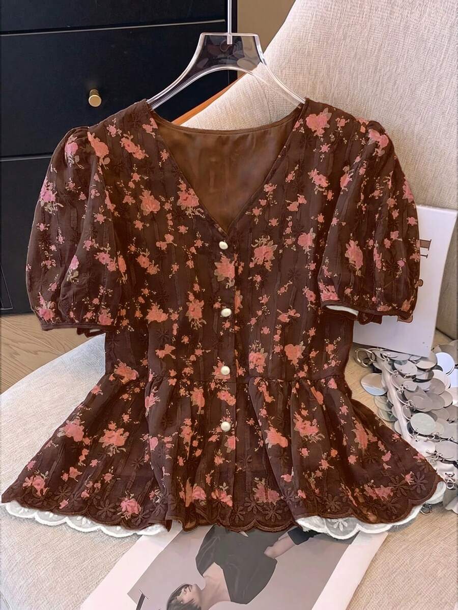 Franclia French Sweet Embroidery V-Neck Short Sleeve Blouse For Women - Brown - View 1