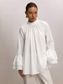 ATUI Studio Women's Stand Up Collar Pleated Loose Shirt With Double-Layer Ruffle Edge Flared Sleeve Design, - White - View 3