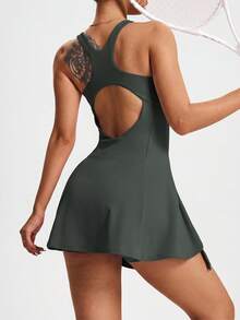 SHEIN Dewbera 女款素色百褶休閒日常運動裙褲 - 墨綠色 - 查看 7