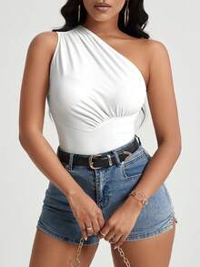 SHEIN PETITE 夏季休閒純色單肩無袖上衣 - 白色 - 查看 3
