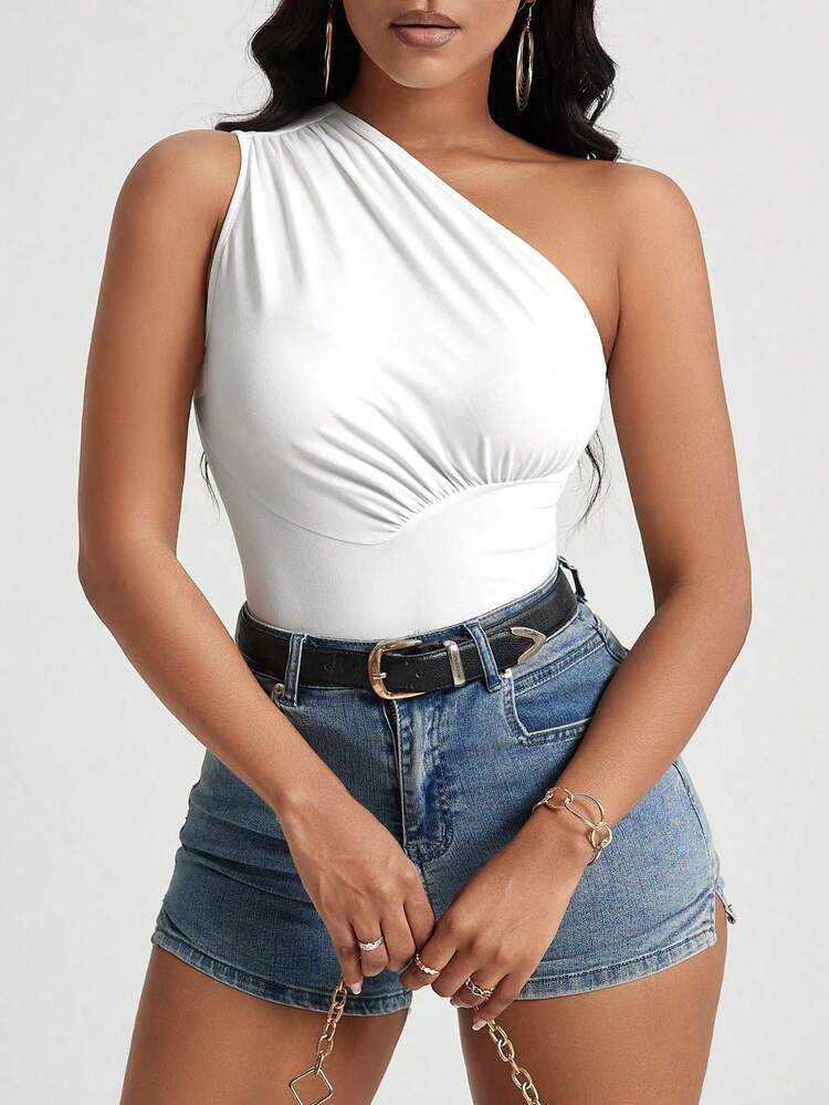 SHEIN PETITE Summer Casual Solid Color One Shoulder Sleeveless Top - White - View 3