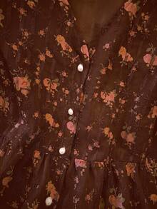 Franclia French Sweet Embroidery V-Neck Short Sleeve Blouse For Women - Brown - View 5