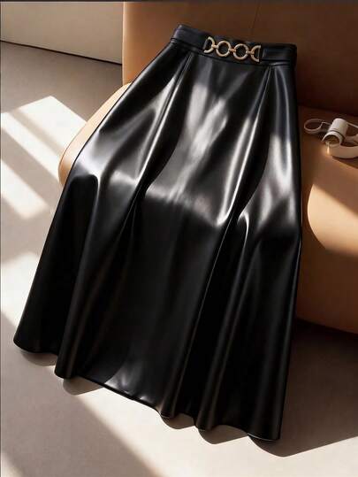 GlowEve CURVE Plus-Size Women's Casual Office/Commuting Elegant PU Leather Midi Skirt With Waist Embellishment And Metal Chain Trim. Summer Black A-Line Skirt Suitable For Parties, Spring/Autumn, And Women's Fashion.