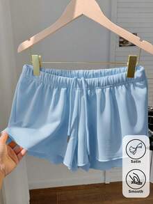 Comfortcana Plus Size Solid Color Elastic Waist Loose Casual Versatile Shorts, Soft Shorts For Spring & Summer, Blue - Blue - View 12