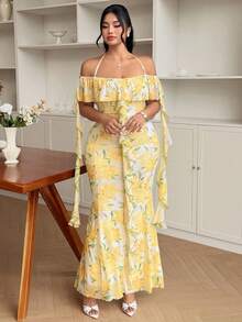 Modelyn 優雅滿版印花露肩荷葉邊修身合身大尺碼春夏季洋裝 - 彩色 - 查看 8