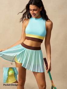 VARSIVA Set Olahraga Wanita Atasan Tank Top dan Rok Celana Lipit Motif Blok Warna - MultiWarna - View 13