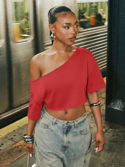 Denimoi Top corto con hombros descubiertos y borde crudo, ropa de calle de moda, ropa de estar en casa, ropa de uso diario