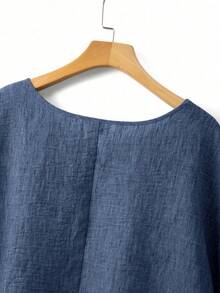 SHEIN Plus Size Women's Solid Color Round Neck Textured Casual Shirt Vacation Blue Summer - Navy Blue - View 4