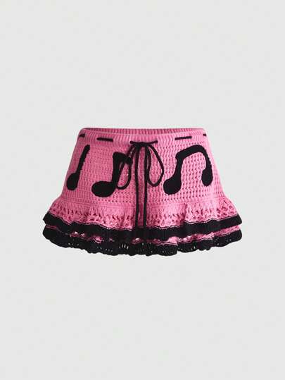 Falda-suéter para mujer estilo Y2K con bordado de nota musical, cinta de color contrastante, capas y bajo con volantes