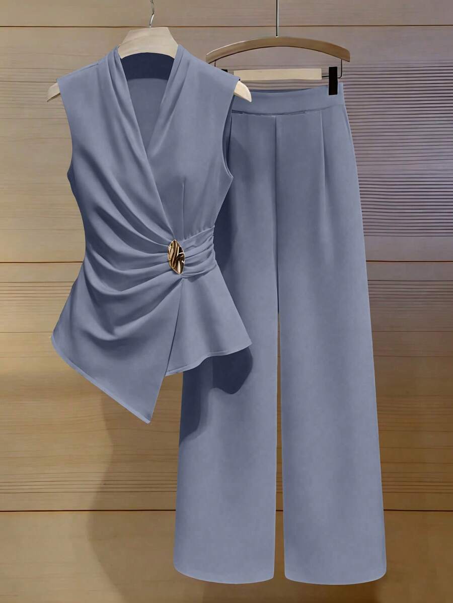Franclia Women's Elegant 2026 Spring/Summer Asymmetric Sleeveless Ruched Metal Button Long Pants 2 Pieces Set - Grey - View 1