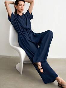 Aalyst Jumpsuit Wanita Musim Semi/Panas Warna Biru Tua Bahan Linen Twill dengan Kerah Kancing Depan, Minimalis, Kasual, Elegan, Longgar, dan Ramping, Cocok untuk Kerja dan Perjalanan - Navy Blue - View 6