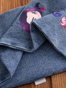 SHEIN Vintaside Kids 1件女嬰藍色牛仔休閒可愛刺繡花卉吊帶褲連身衣，適合外出與派對 - 淺藍色 - 查看 7