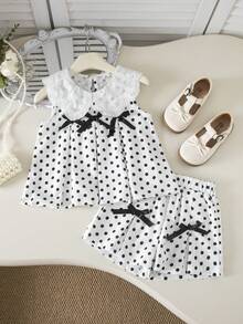 SHEIN Elladie kids 女童波點印花百褶可愛3D蝴蝶結背心與時尚寬鬆短褲套裝，適合日常休閒通勤，極簡時尚穿搭 - 黑與白 - 查看 7