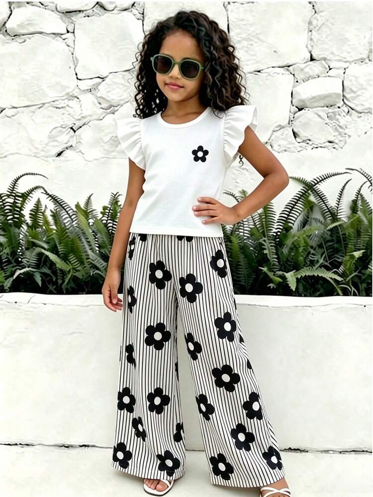 SHEIN Girls 2-Piece Set, Knitted Texture Round Neck Cap Sleeve Top And Woven Printed Straight Leg Pants, Casual Vacation Style, Suitable For Daily Wear And Vacation In Spring And Summer - Multicolor - View 1