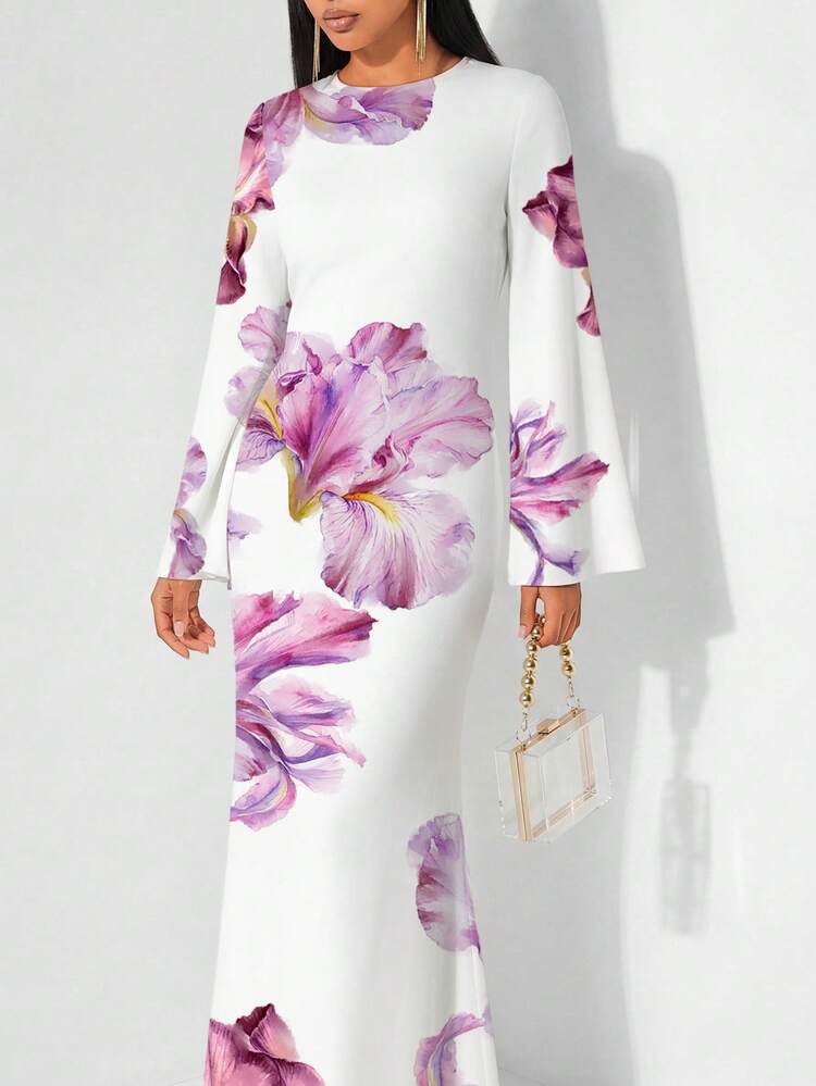 Veilorie Women's Elegant Long Sleeve Flared Back Tie Waist Mermaid Hem Dress Dinner Date White Floral Autumn - White - View 7