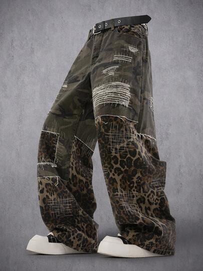 Manfinity Denimwave Men's Streetwear Casual Distressed Patchwork Floral Camo Denim Jeans