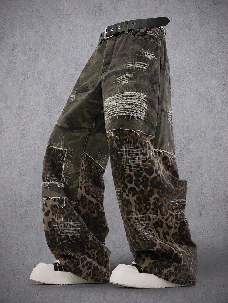 Manfinity Denimwave Men's Streetwear Grunge Street Casual Distressed Patchwork Floral Camo Denim Jeans Rave Concert Green Leopard Print Back-To-School - Multicolor - View 1