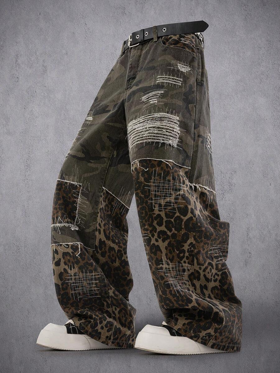 Manfinity Denimwave 男士街頭風休閒做舊拼接花卉迷彩牛仔長褲
