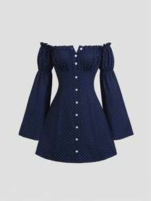 Sweetra New Polka Dot Long Sleeve Mini Dress, Designed Sleeves, Sweet And Fashionable, Suitable For Street Wear - Blue - View 1