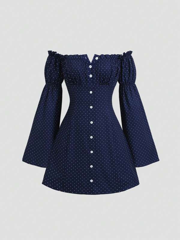 Sweetra New Polka Dot Long Sleeve Mini Dress, Designed Sleeves, Sweet And Fashionable, Suitable For Street Wear